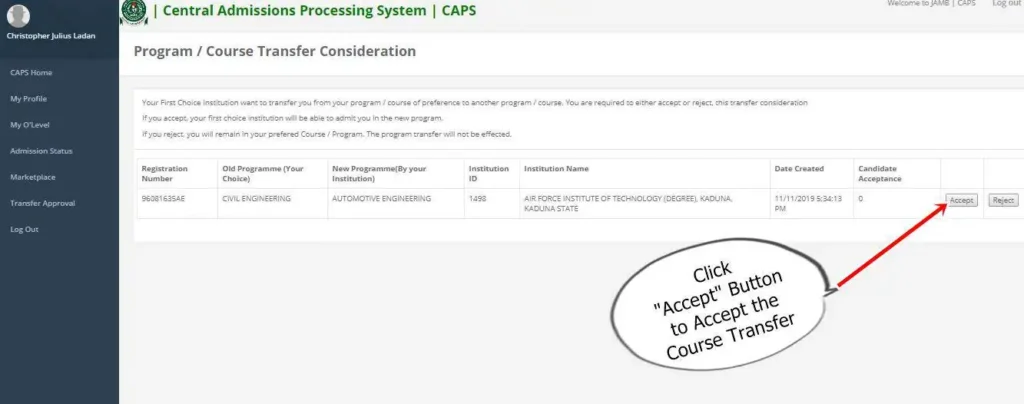 How to Accept or Reject Program / Course Transfer on JAMB CAPS