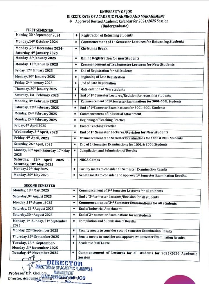 The Undergraduate Academic Calendar for the 2024/2025 Session, as approved by the University of Jos Senate